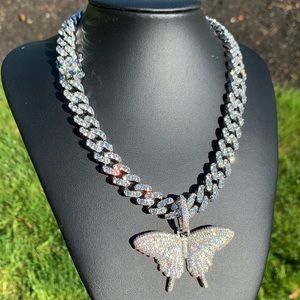 White Gold Butterfly Pendant + White Gold Cuban